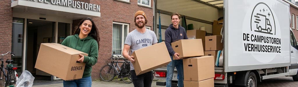 Studenten dragen verhuisdozen uit een verhuiswagen