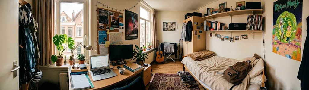 Studentenkamer met bureau, bed en gitaar